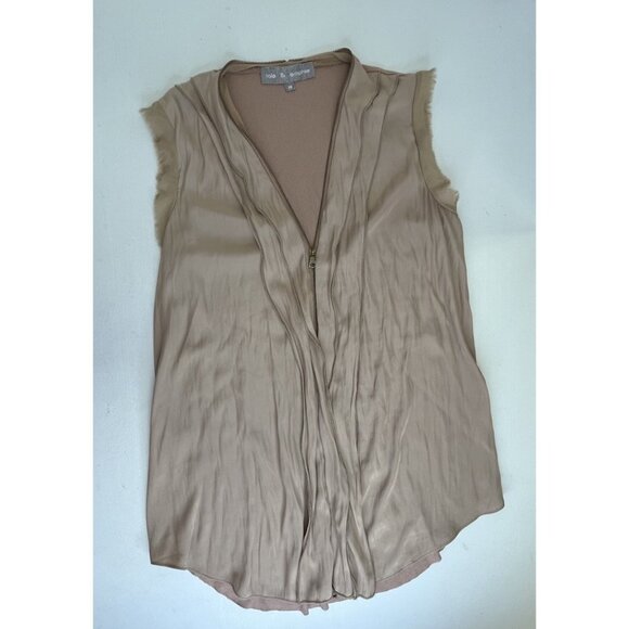 Lola & Sophie Frayed Sleeveless Zip-Up Blouse Size XS Tan Tank V-Neck - Picture 2 of 12